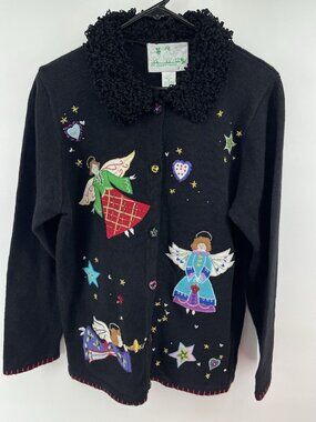 Vintage Quacker Factory Christmas Angel Beaded Embroidered Cardigan Sz M Black